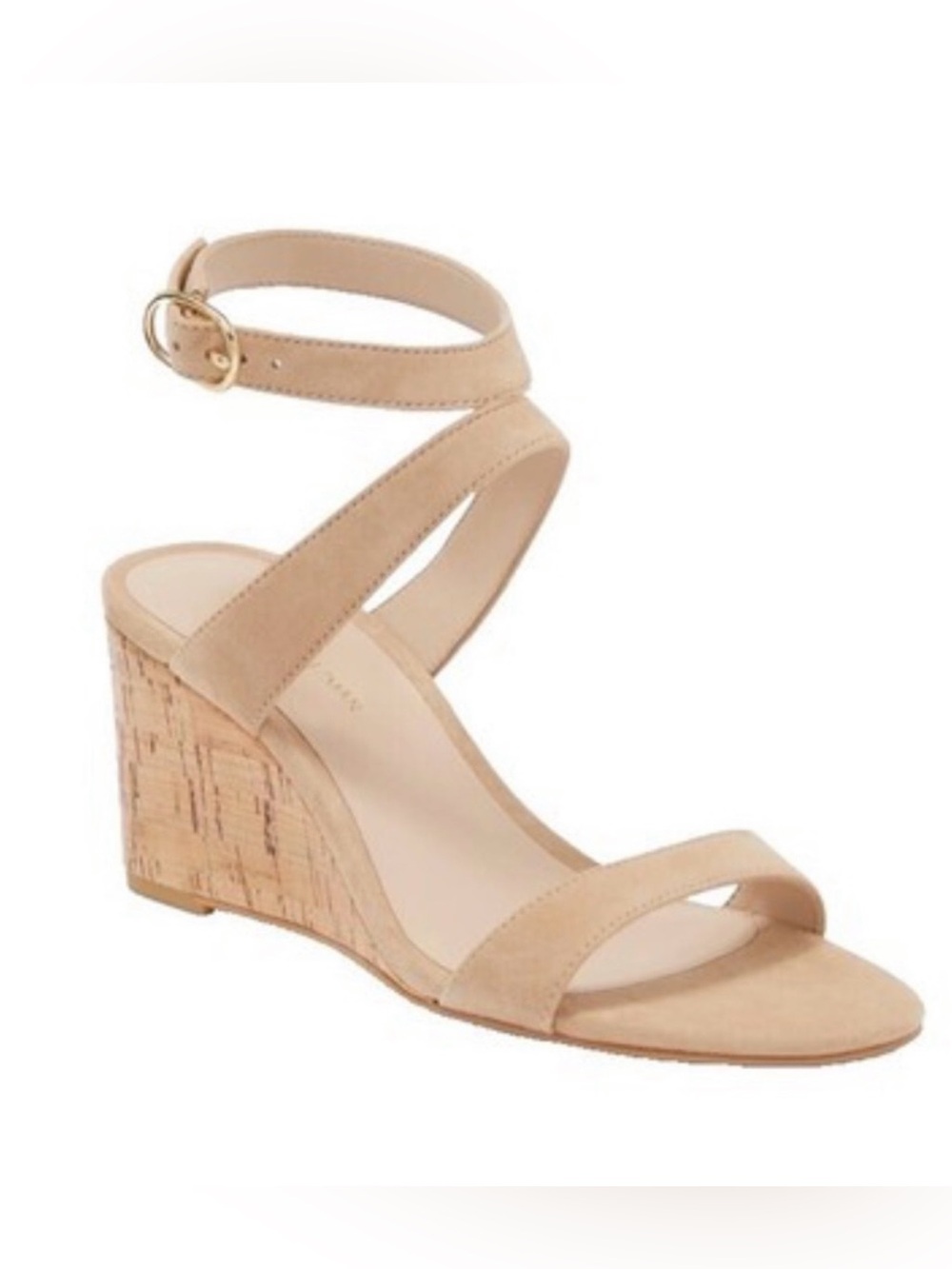 Stuart Weitzman Nude Suede Cork Wedge Sandals with Ankle Strap